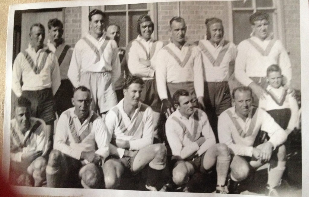 Cootamundra 1947: Doug Wall, Neil McDonnell, Kevin Chuck, Harold Thackeray, Stan McAlister, P. Glanville, Jack 'Onion' Bell, Herb Narvo (Capt/Coach) , mascot Front row: Russell Cohen, Alf Broughton, Bob Hobbs, Jim Crowe & Geoff Rogers. Posted by Cheryl Ramsden on Cootamundra Remembers.