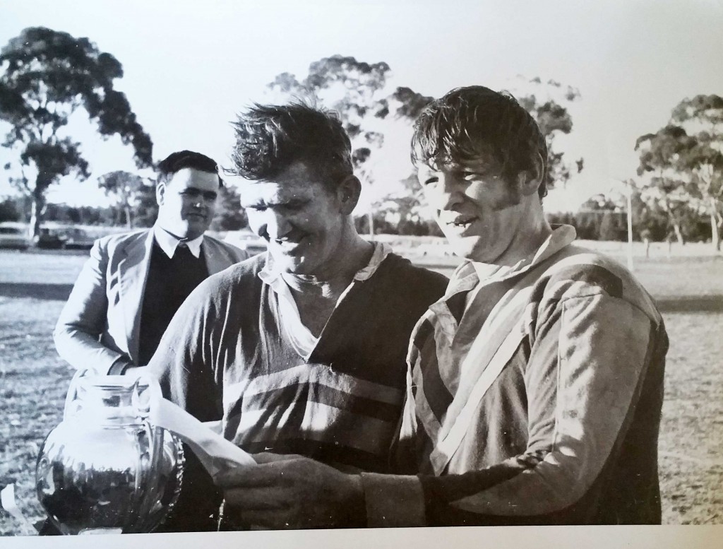 Ron Crowe (then at Barmedman) and John Lomax (Harden) after Barmedman's final Maher Cup match in 1971. 