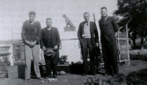 Jim Keys, J. Clarke, J. Ryan, Ted O'Kane at the Dog on the Tuckerbox, 1946. Source: Remember When: 75 Years, a collection of memories of people who lived at Kikoira and Gibsonvale.