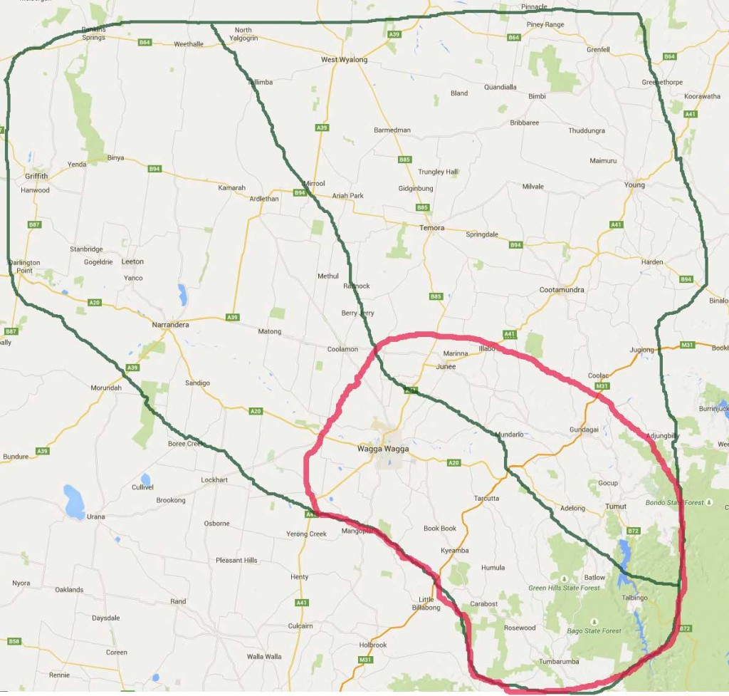 Boundaries of Groups 9 and 20 in 1965 in green, with the rebel Murrumbidgee Rugby League background in red.