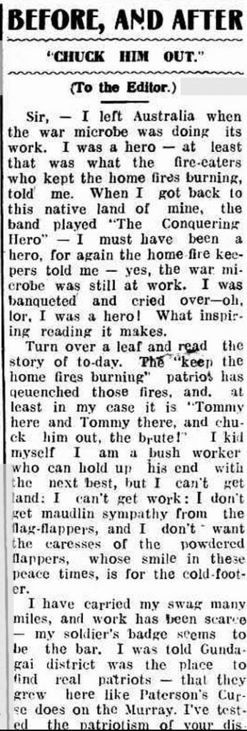 Letter from an unemployed Digger. Gundagai Independent 1 Aigsut 1921