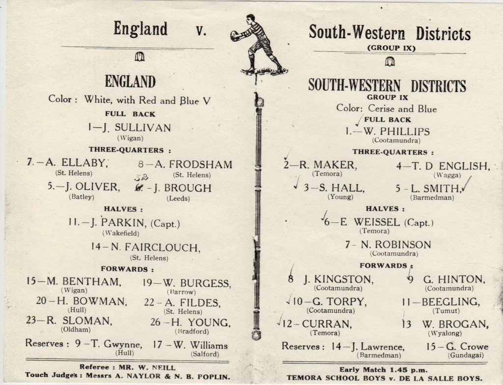 Over 7000 witnessed the match at Fisher Park on 30 May 1928 between the English and a Group 9 "South-western Districts" side captained by Eric Weissel. The score was 14-14 and the side contained five Cootamundra players.