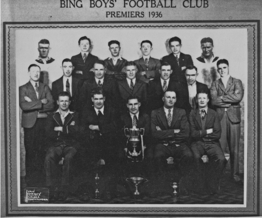 Cootamundra didn't form a team for the Maher Cup in 1936 and the Bing Boys were the best team in town. Players included: Clem Scrivener (captain), B. Sheedy, J. Sheehan, C. Rowe, Alf Broughton, A. Daidy, T. Roberts, V. Weymouth, A. Powell, A. Kelly, V. Hugo, F, Ryan and F. Tyrell. 