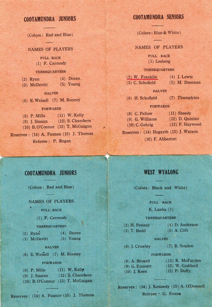 Team for the Cootamundra Juniors vs Seniors match on 13 August 1922 and Juniors vs West Wyalong Juniors on 27 August 1922. Both matches were played at the Cootamundra West Ground.