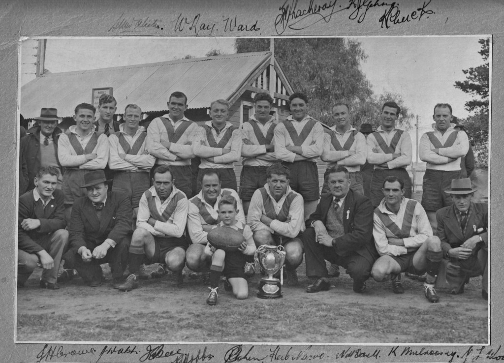 Cootamundra Maher Cup team 1947: Back from left - Walter Cowled (committee), Russel Cohen, Neil McDonell, Doug Wall, Stan McAlister, Bob Gehrig, Bob Hobbs, Kevin Chuck, Harold Thackeray, Frank Schurmer, Geoff Rogers: Front- Ken Mulrooney, Jack Walsh (committee), Alf Broughton, Jack 'Onion' Bell, Barry Fuller (ballboy), Herb Narvo (captain-coach), Lance Penny (president), Jim Crowe, Les Wood (selector)