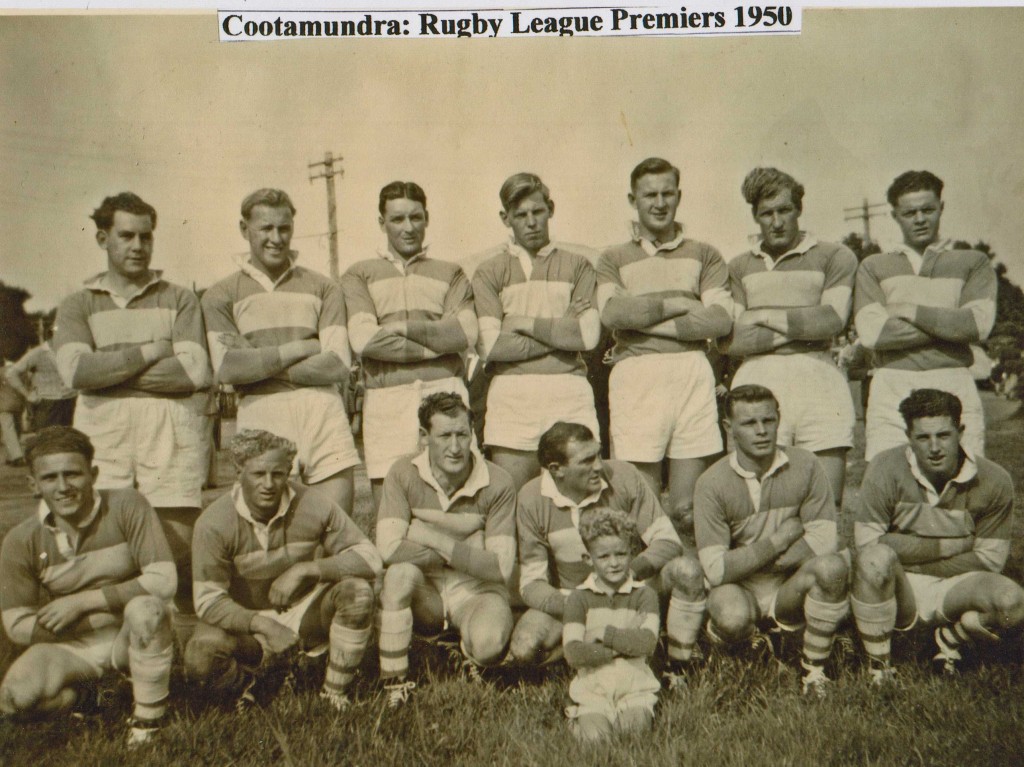 1950 Cootamundra won some early Maher Cup games but had to settle for being Group 9 premiers: Back from left - John Gleeson, Tony Howse, Kevin Chuck, Lionel Wheatley, Mick Howse, Neil McDonnell, Jack 'Junior' Henniker: Front - Russell Cohen, Vern Taylor, Roley McDonnell, Jim Crowe, Kevin Wheatley, Ian Read, with 'Digger' Fuller ballboy.