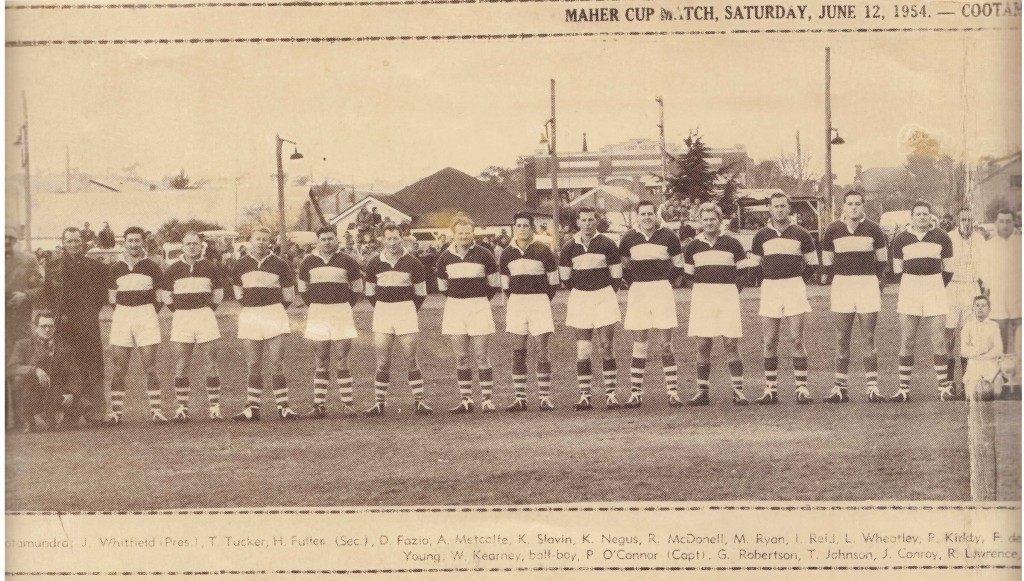 More than 4000 saw Cootamundra defeat Young. Players from left: Darrell Fazio, Algie Metcalfe, Kevin Slavin, Kevin Negus, Roley McDonnell, Merv Ryan, Ian Reid, Lionel Wheatley, Peter Kirkby, Fred de Belin, Mick Howse, Keith Henniker, John Graves (captain-coach)