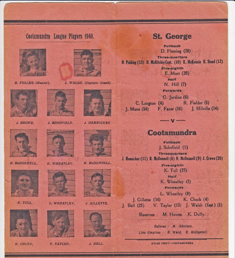 Cootamundra hosted St George at Fisher Park on Wednesday 14 September 1949 and won 13-10.